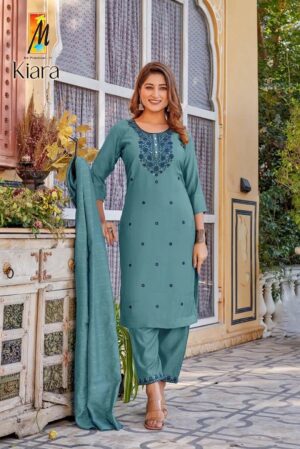 Roman Silk Kurta with Bottom and Dupatta (Color- Turkish Blue)
