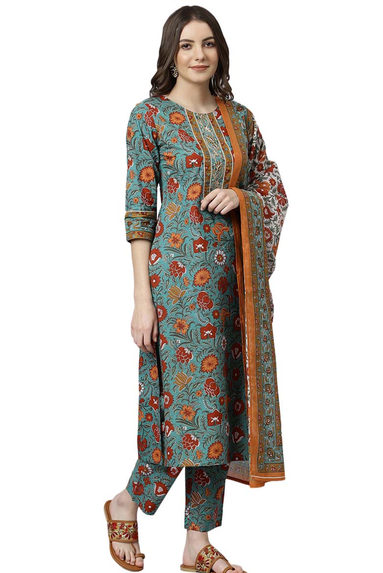 Green Cotton Embroidered Kurta with Pant and Dupatta - Image 2