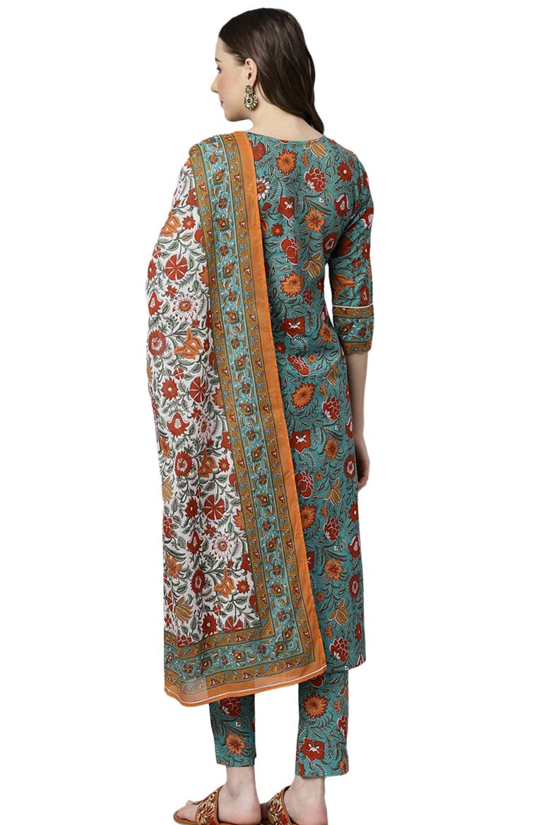Green Cotton Embroidered Kurta with Pant and Dupatta - Image 3