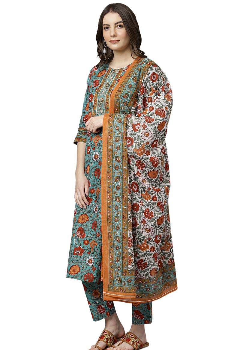 Green Cotton Embroidered Kurta with Pant and Dupatta - Image 4