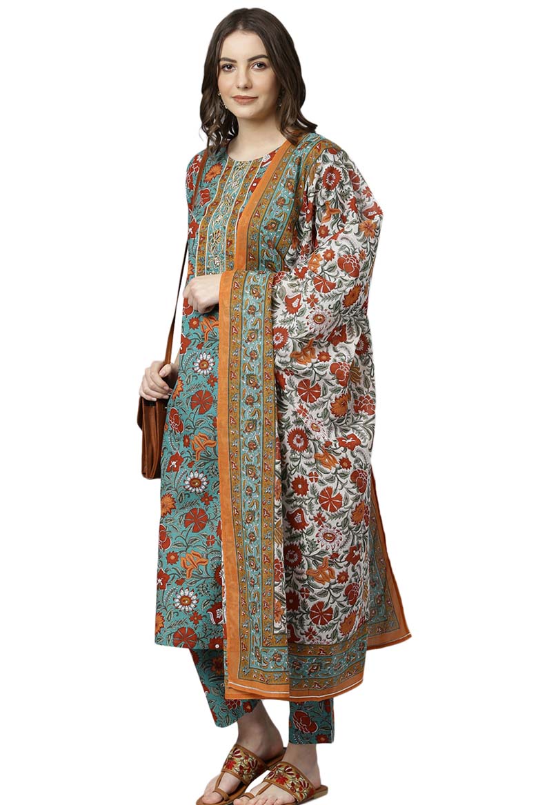 Green Cotton Embroidered Kurta with Pant and Dupatta - Image 5