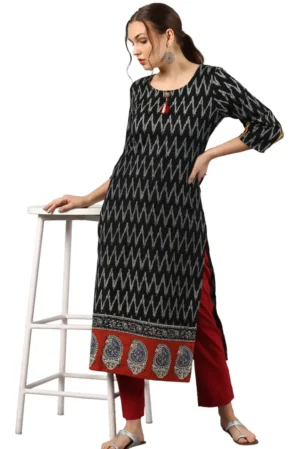Black Cotton Ikat Straight Kurta