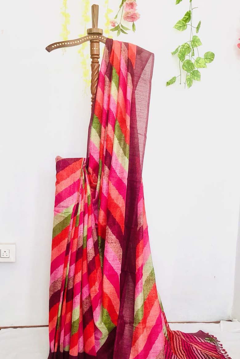 Multicolor Linen cotton mix Saree with leheriya print. Including Unstitched Blouse piece