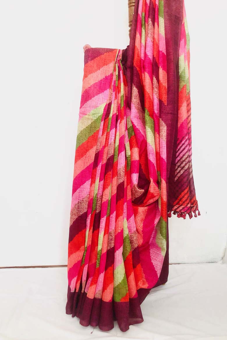 Multicolor Linen cotton mix Saree with leheriya print. Including Unstitched Blouse piece - Image 2