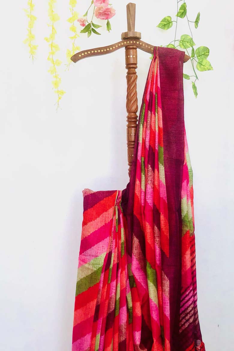 Multicolor Linen cotton mix Saree with leheriya print. Including Unstitched Blouse piece - Image 3