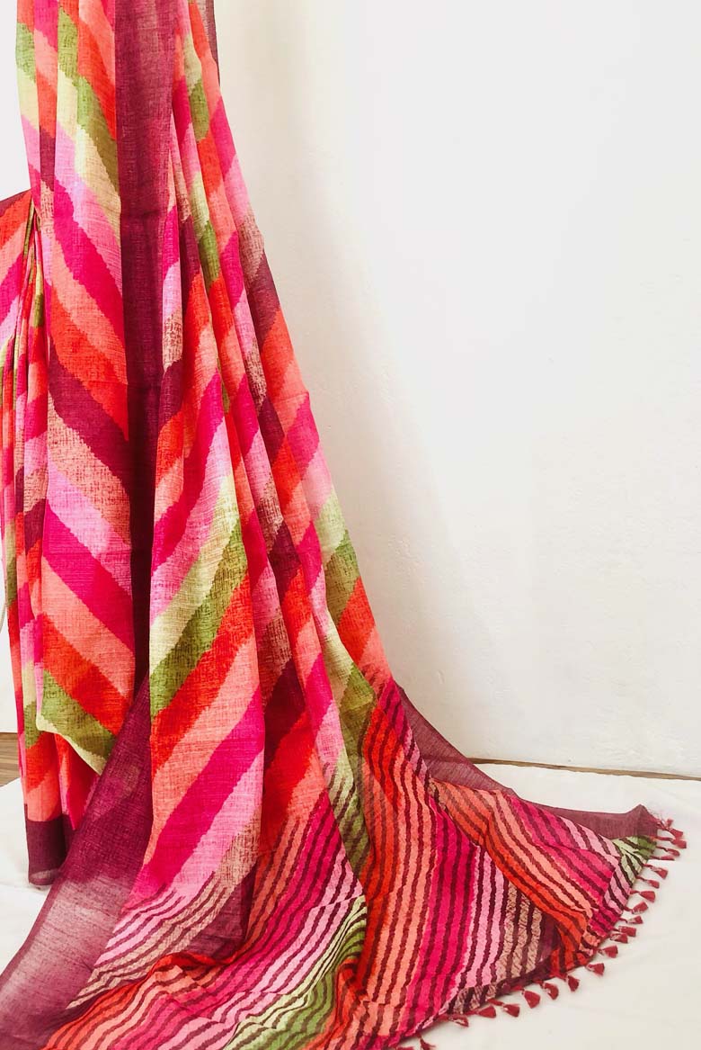 Multicolor Linen cotton mix Saree with leheriya print. Including Unstitched Blouse piece - Image 4