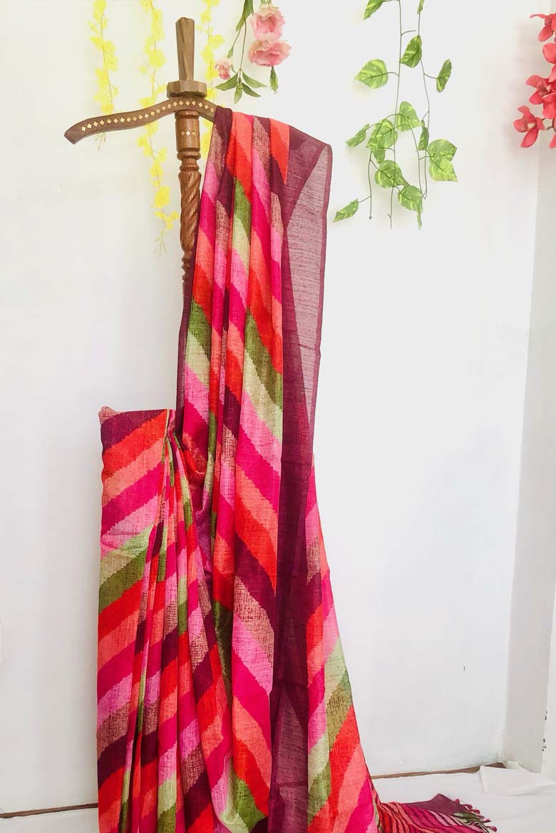 Multicolor Linen cotton mix Saree with leheriya print. Including Unstitched Blouse piece - Image 5