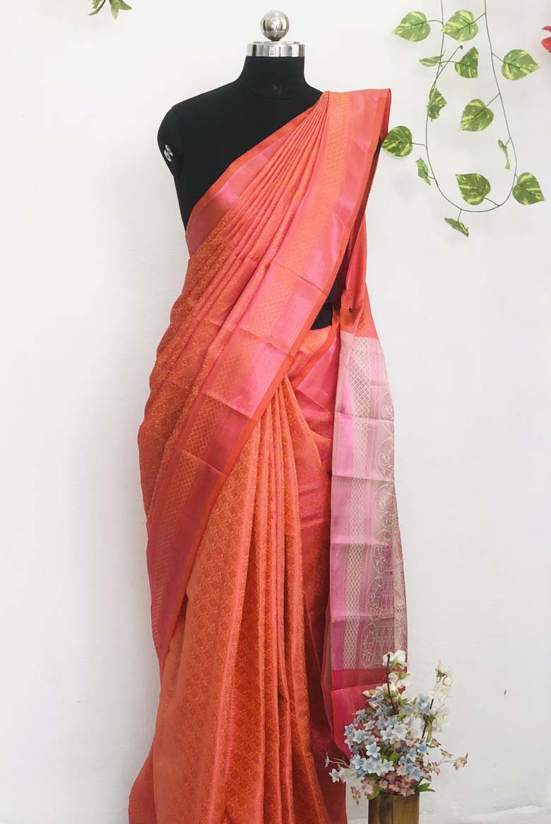 Orange color Banarasi Silk Saree with Unstiched Blouse piece