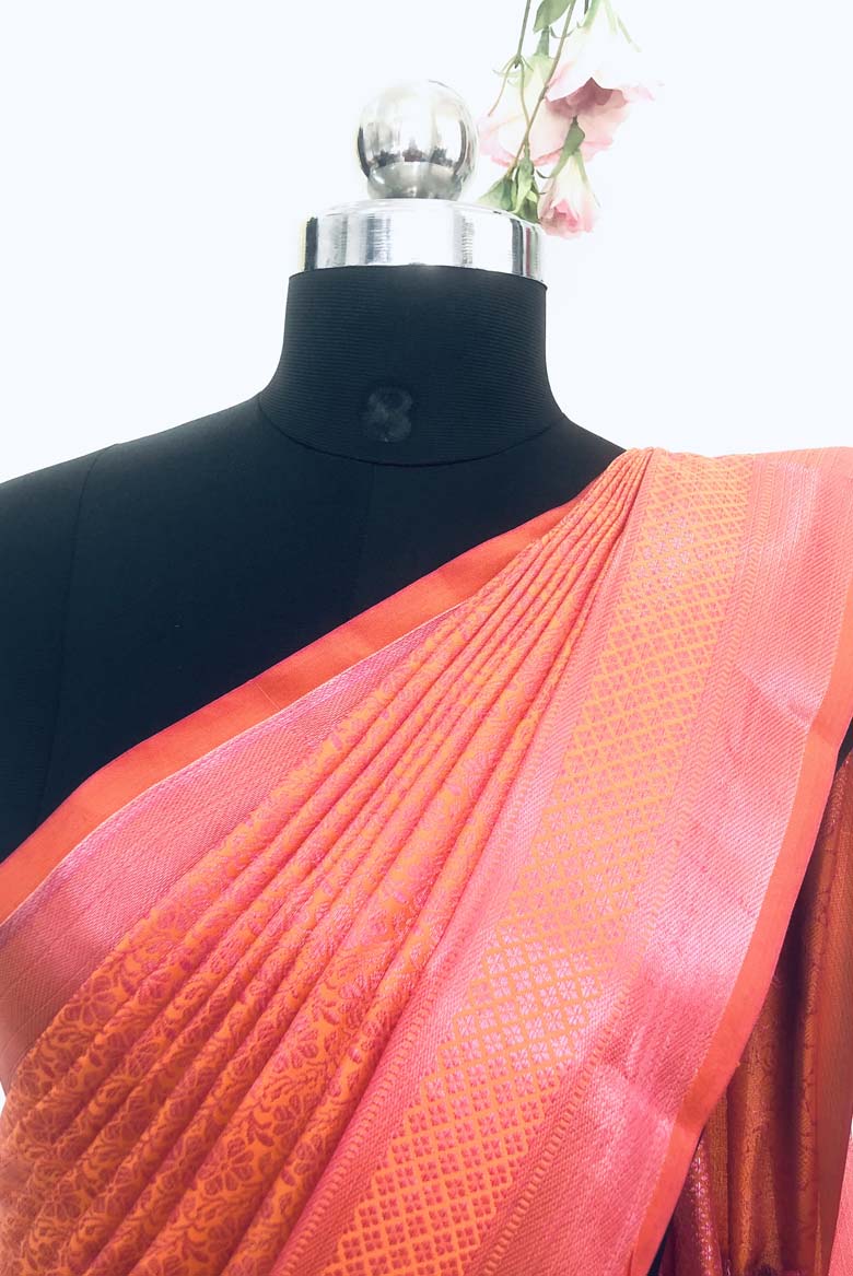 Orange color Banarasi Silk Saree with Unstiched Blouse piece - Image 2