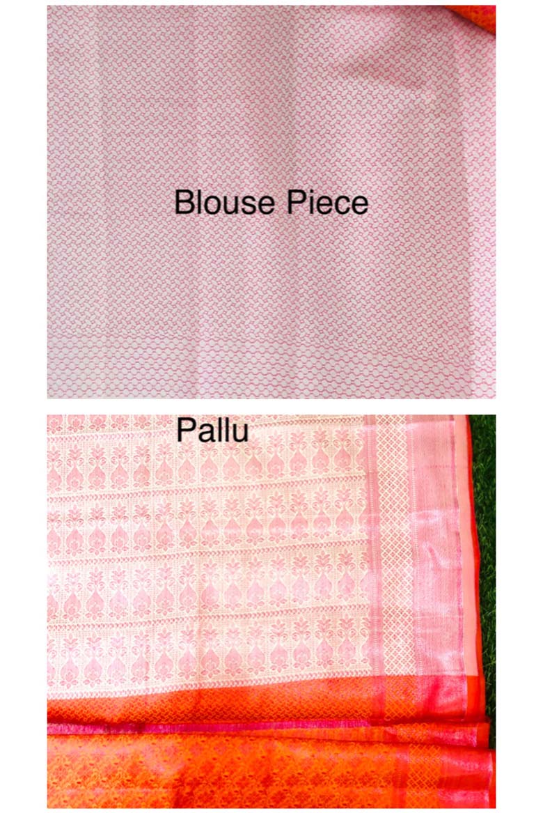 Orange color Banarasi Silk Saree with Unstiched Blouse piece - Image 4