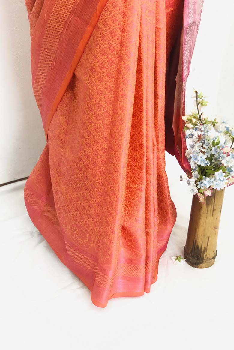 Orange color Banarasi Silk Saree with Unstiched Blouse piece - Image 5