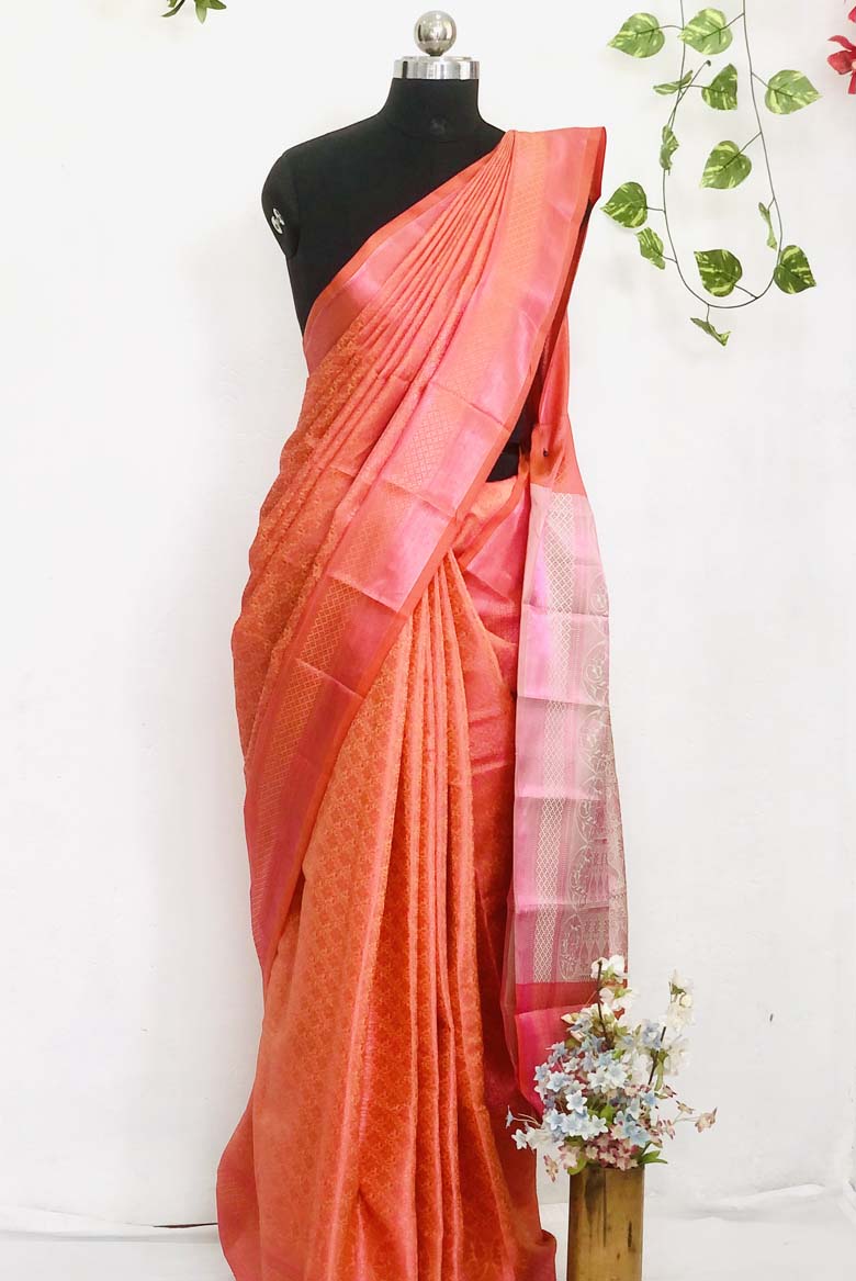 Orange color Banarasi Silk Saree with Unstiched Blouse piece - Image 6