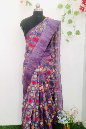Purple color Linen cotton mix Saree. Including Unstitched Blouse piece
