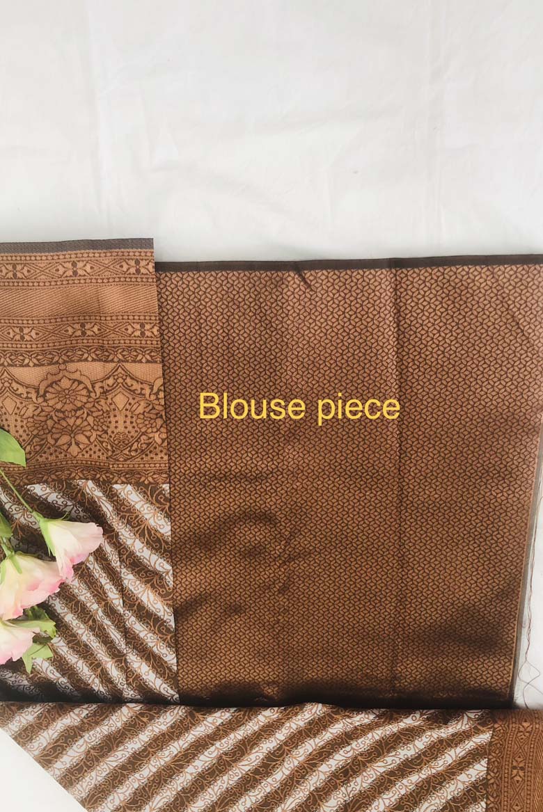 Brown color Kanjeevaram Art Silk Saree with leheriya print. Including Unstiched Blouse piece - Image 5