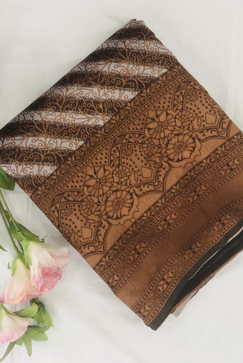 Brown color Kanjeevaram Art Silk Saree with leheriya print. Including Unstiched Blouse piece - Image 6