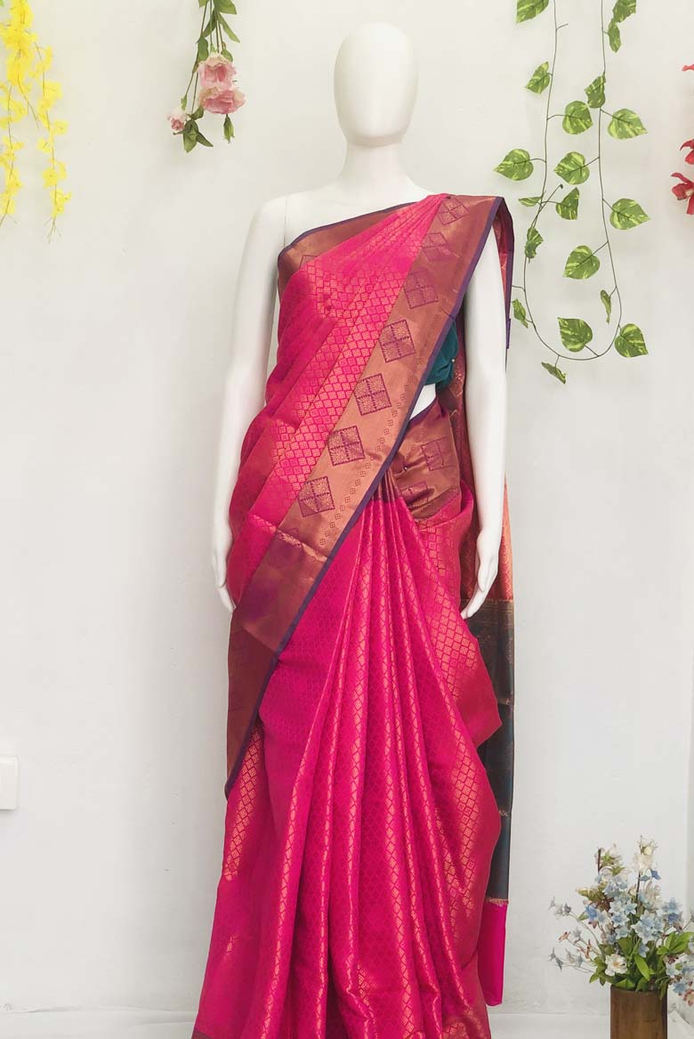 Elegant Pink Banarasi Silk Saree with Exquisite Golden Zari Work and Designer Border with contrast colored Pallu and Unstitched running blouse