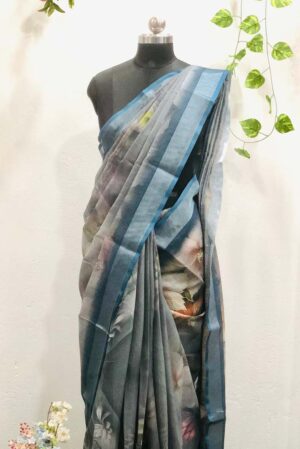 Linen-cotton blend saree with a 3D digital print, comes with an unstitched running blouse piece. (Color-Grey)