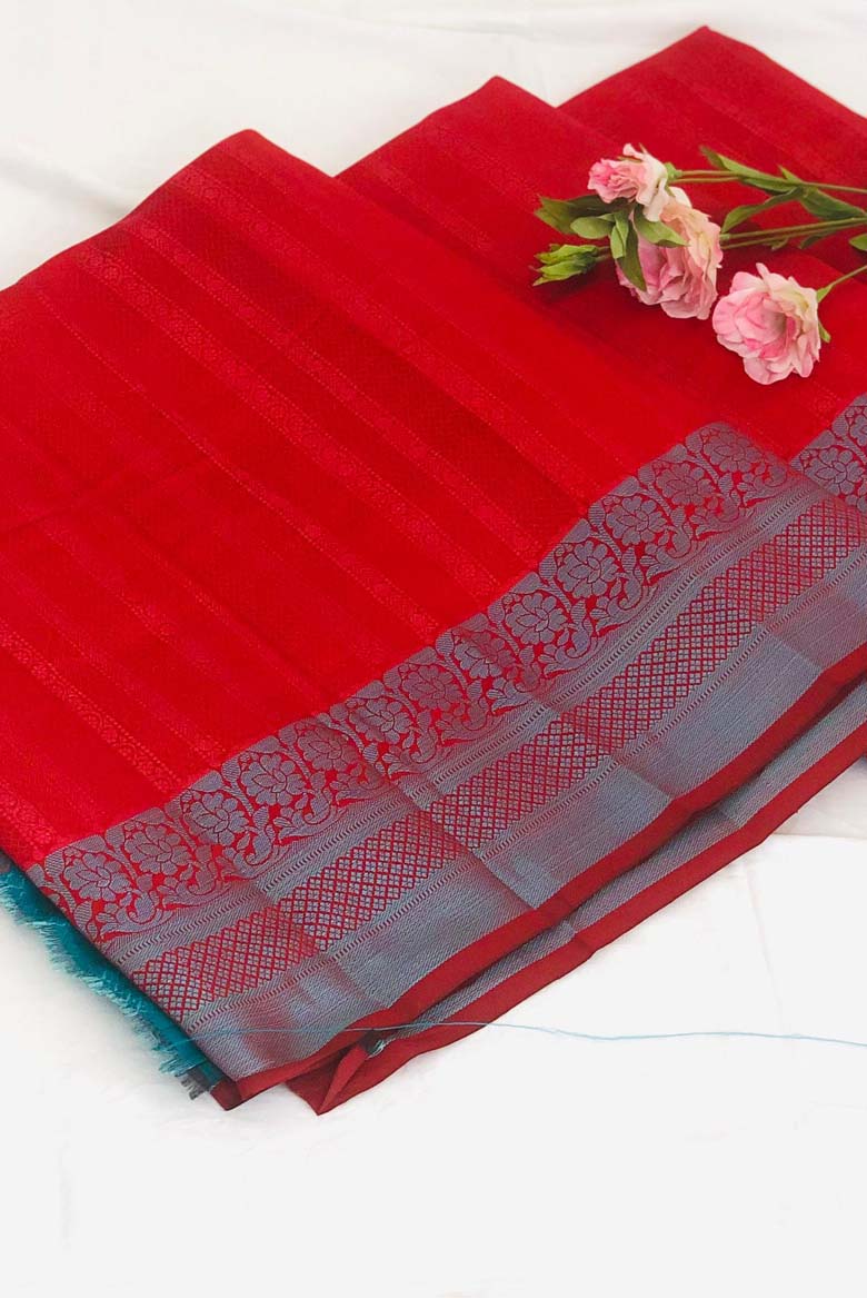 Brick Red Banarasi Silk Saree with Unstitched Blouse piece - Image 2