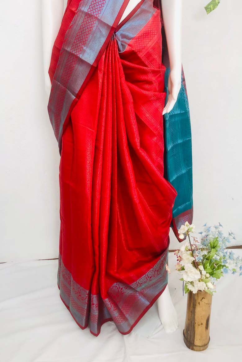 Brick Red Banarasi Silk Saree with Unstitched Blouse piece - Image 3