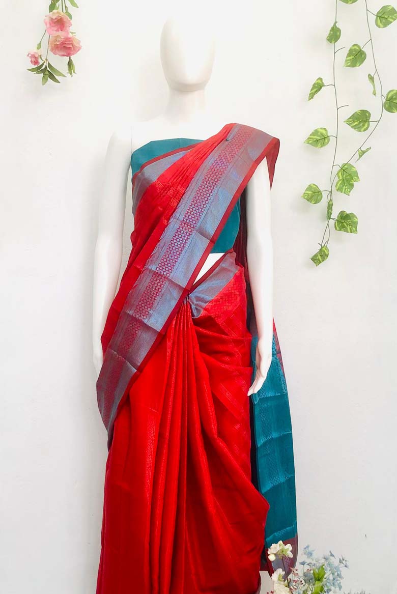 Brick Red Banarasi Silk Saree with Unstitched Blouse piece