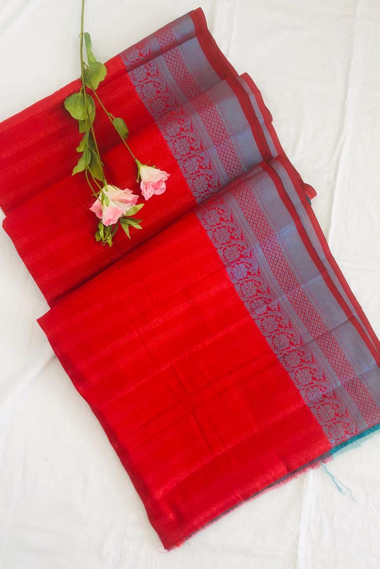 Brick Red Banarasi Silk Saree with Unstitched Blouse piece - Image 7