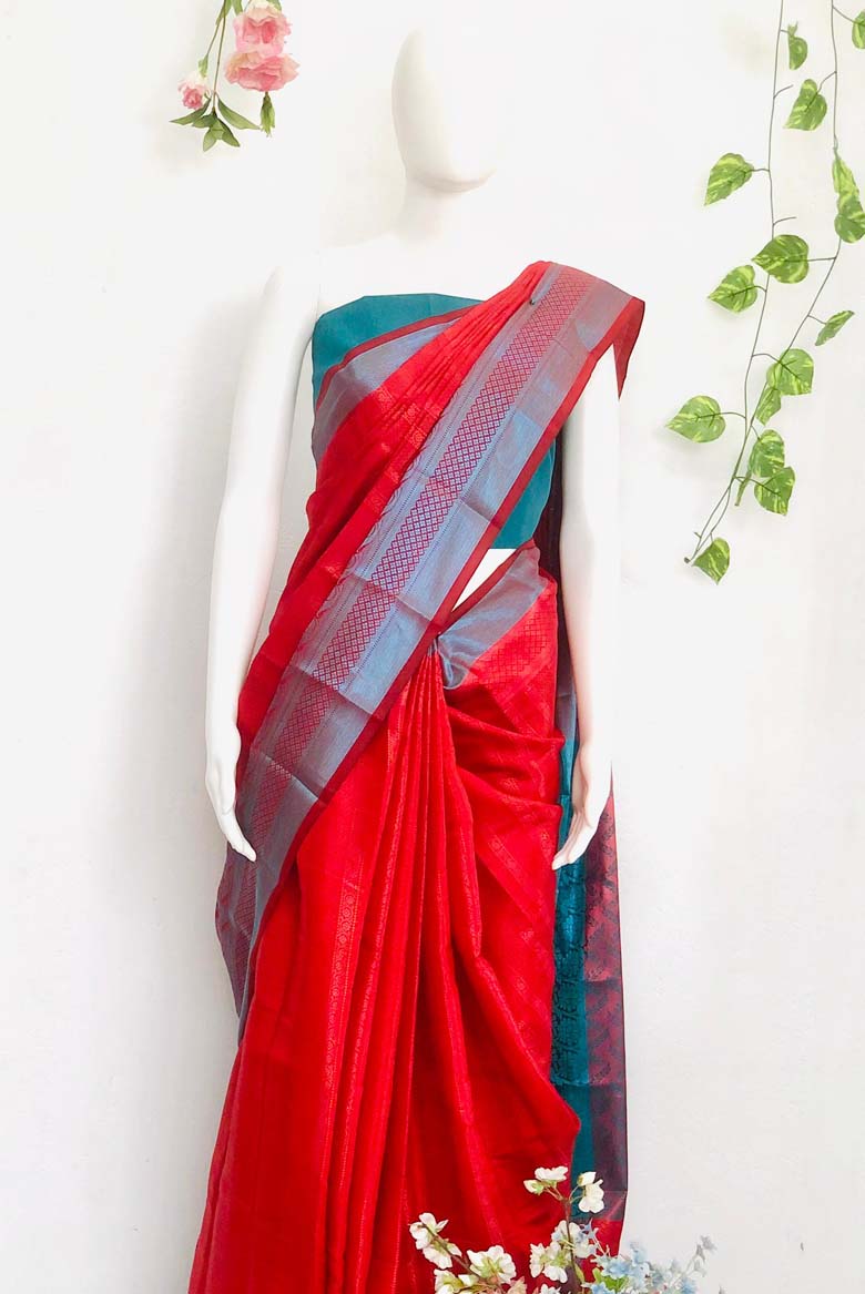 Brick Red Banarasi Silk Saree with Unstitched Blouse piece - Image 8