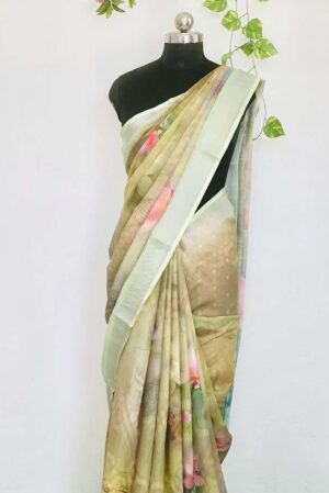 Linen-cotton blend saree with a 3D digital print, comes with an unstitched running blouse piece. (Color-Light Green)