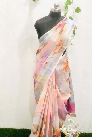 Linen-cotton blend saree with a 3D digital print, comes with an unstitched running blouse piece. (Color Orange)