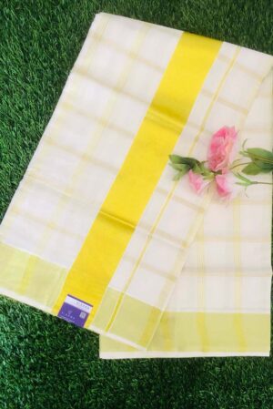 Cream Cotton Kerala Kasavu Saree With Check Design and Running unstitched Blouse piece