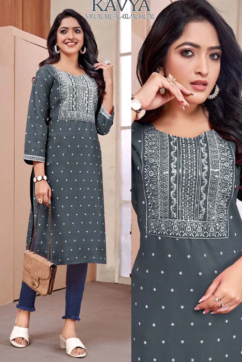 Rayon Embroidery Kurti Top(Color-Grey)