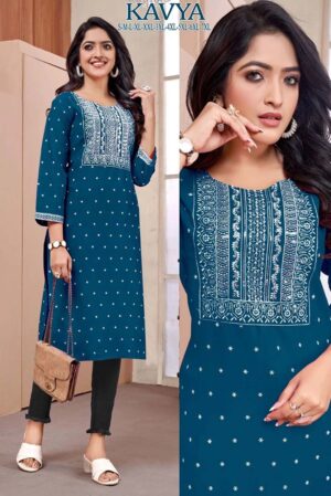Rayon Embroidery Kurti Top (Color-Dark-Blue)