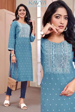 Rayon Embroidery Kurti Top(Color- Sky Blue)