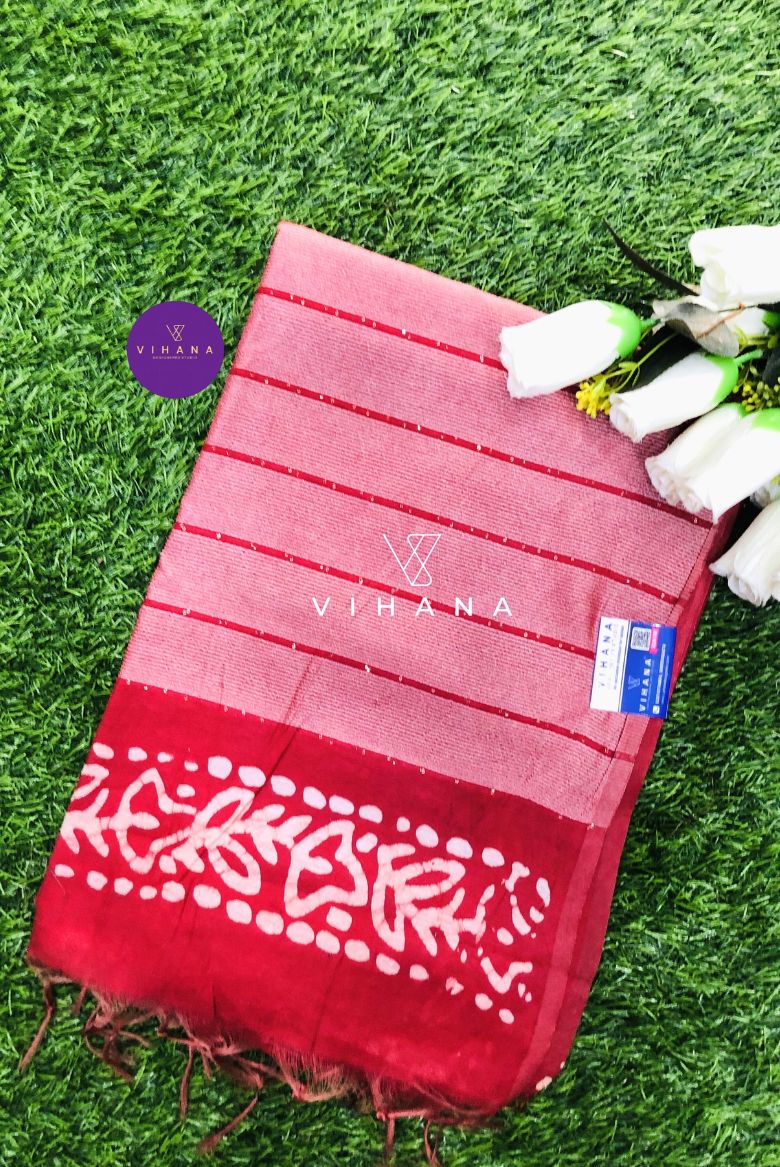 Dark Red Kota Silk Katwar Batik Print Saree