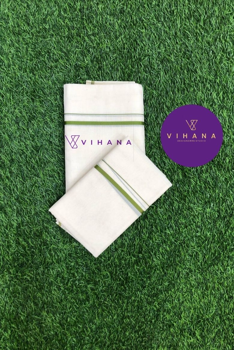 Parrot Green Puliyilakara Set Mundu