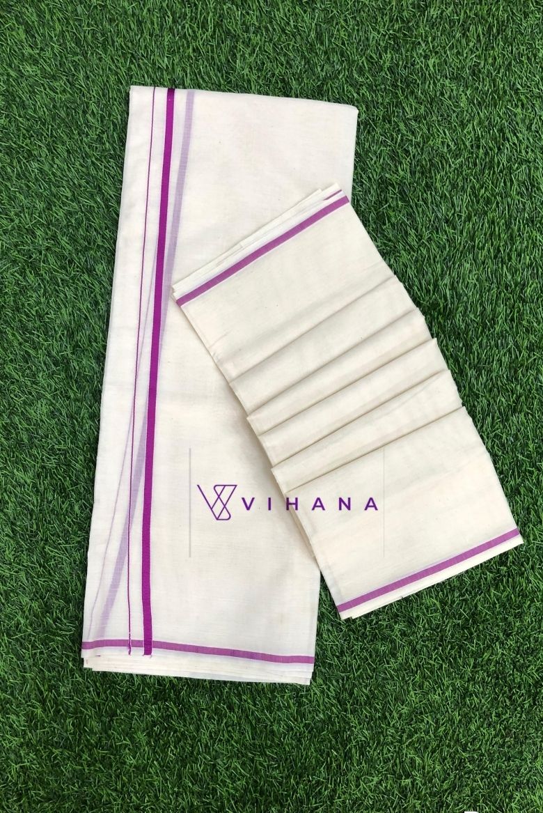 Puliyilakara Set Mundu with Magenta Kara - Image 2