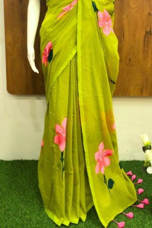 Lime Green Mul Mul Cotton Saree with Pink Floral Designs