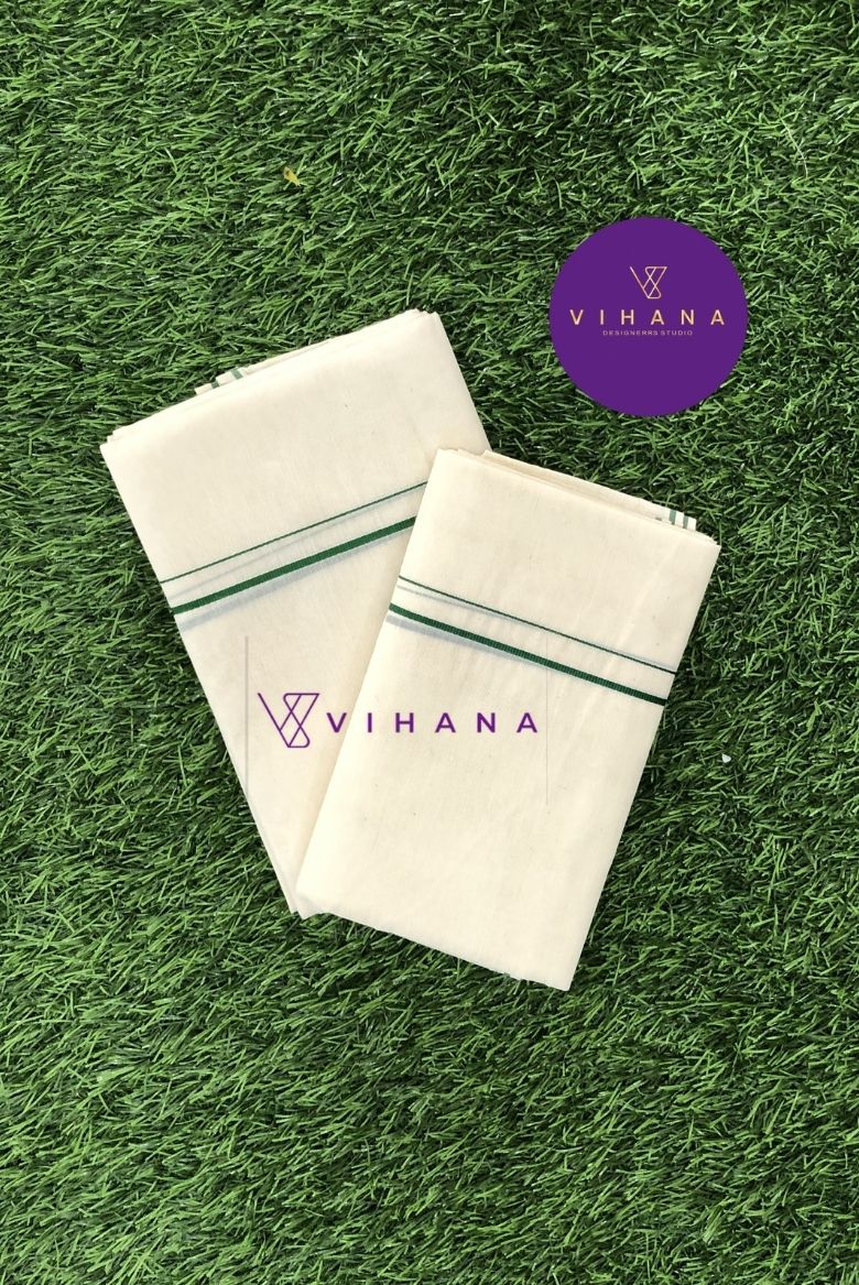 Puliyilakara Set Mundu with Thin Green Kara