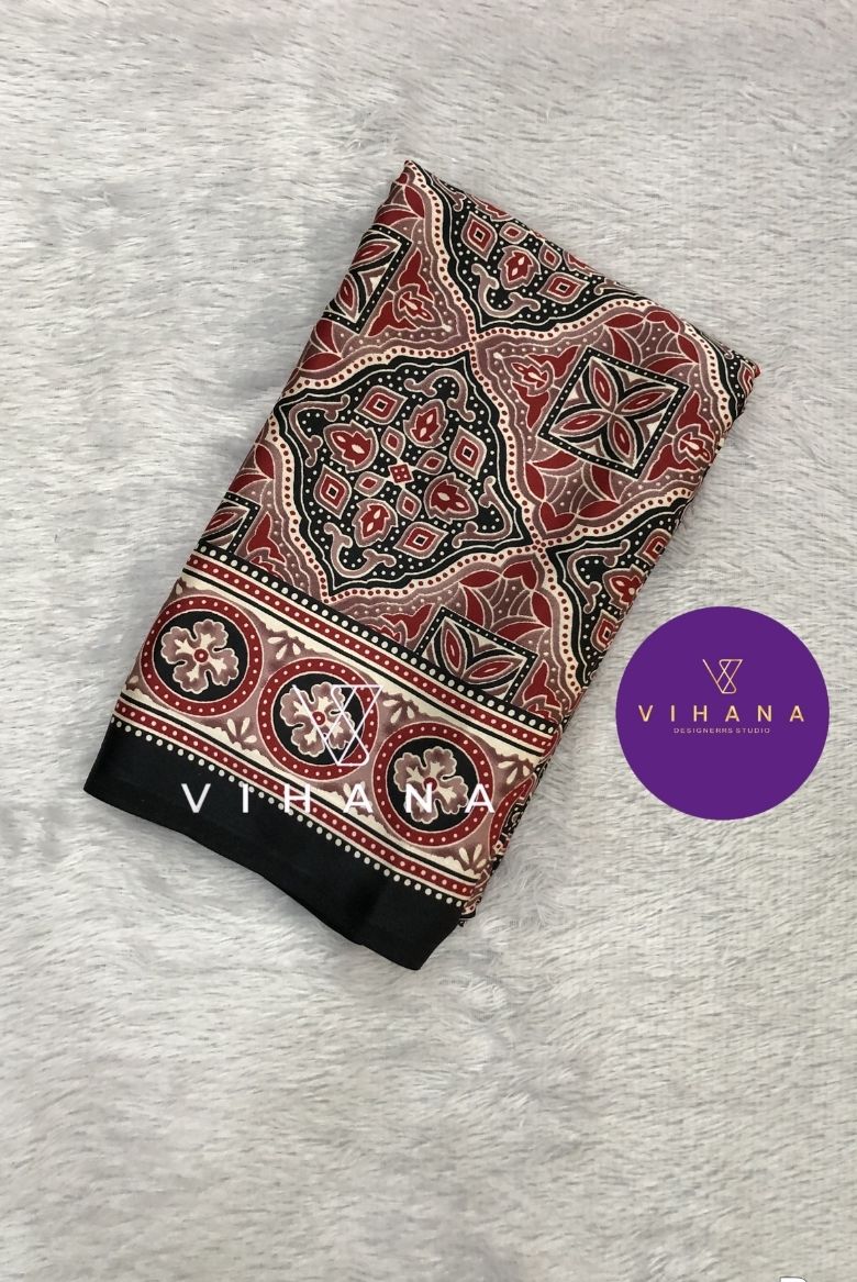 Black and Red Combination Ajrakh Print Satin Modal Silk Saree