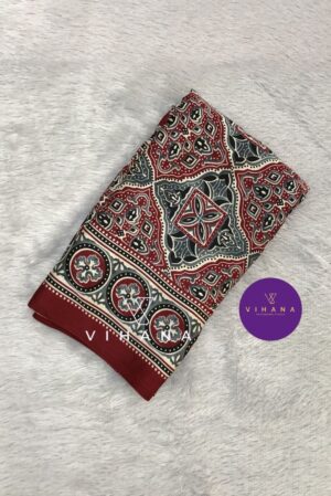 Red and Black Combination Ajrakh Print Satin Modal Silk Saree