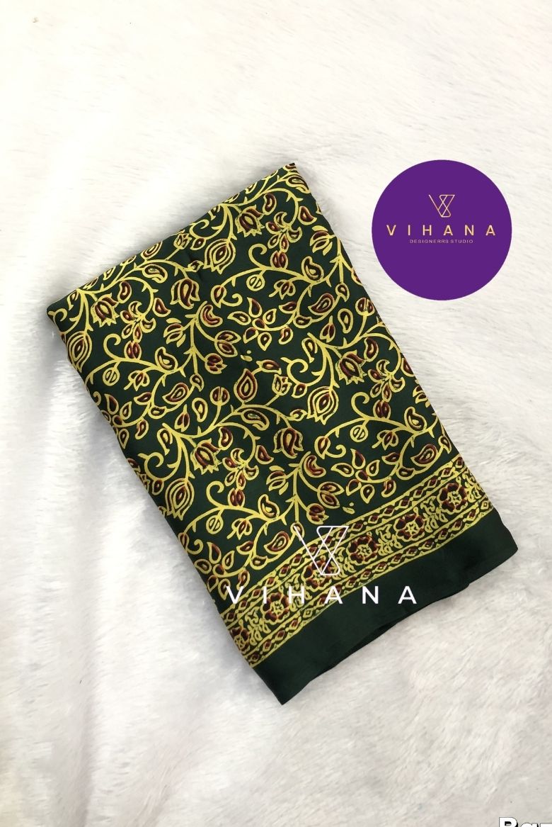 Green Ajrakh Print Satin Modal Silk Saree