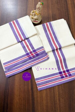 Kerala Mulloth Cotton Set Mundu with Dark Lavender and Red Striped Border.