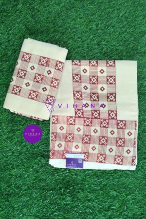 Traditional Kerala Tissue Set Mundu with Intricate Maroon and Brown Geometric Patterns
