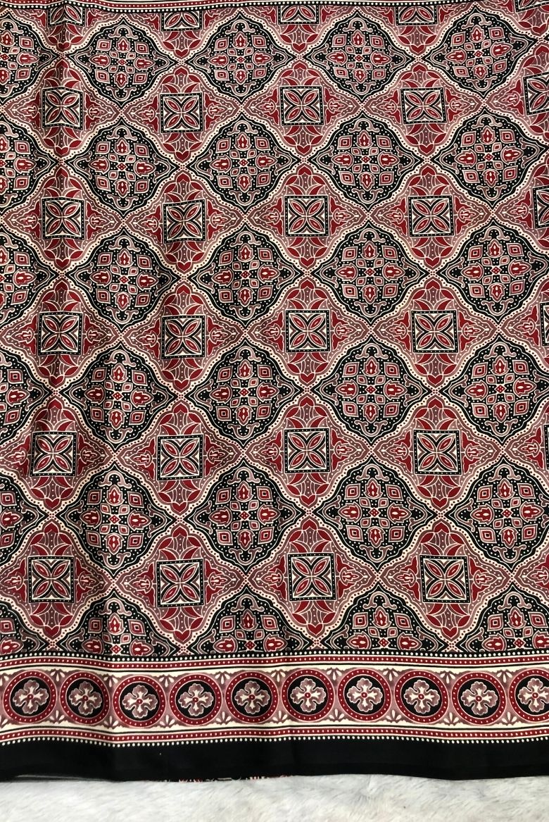 Black and Red Combination Ajrakh Print Satin Modal Silk Saree - Image 2