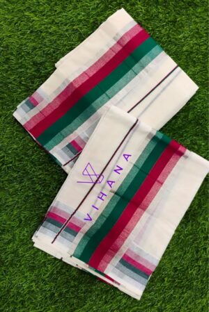 Kerala Cotton Set mundu with Maroon and Green Borders
