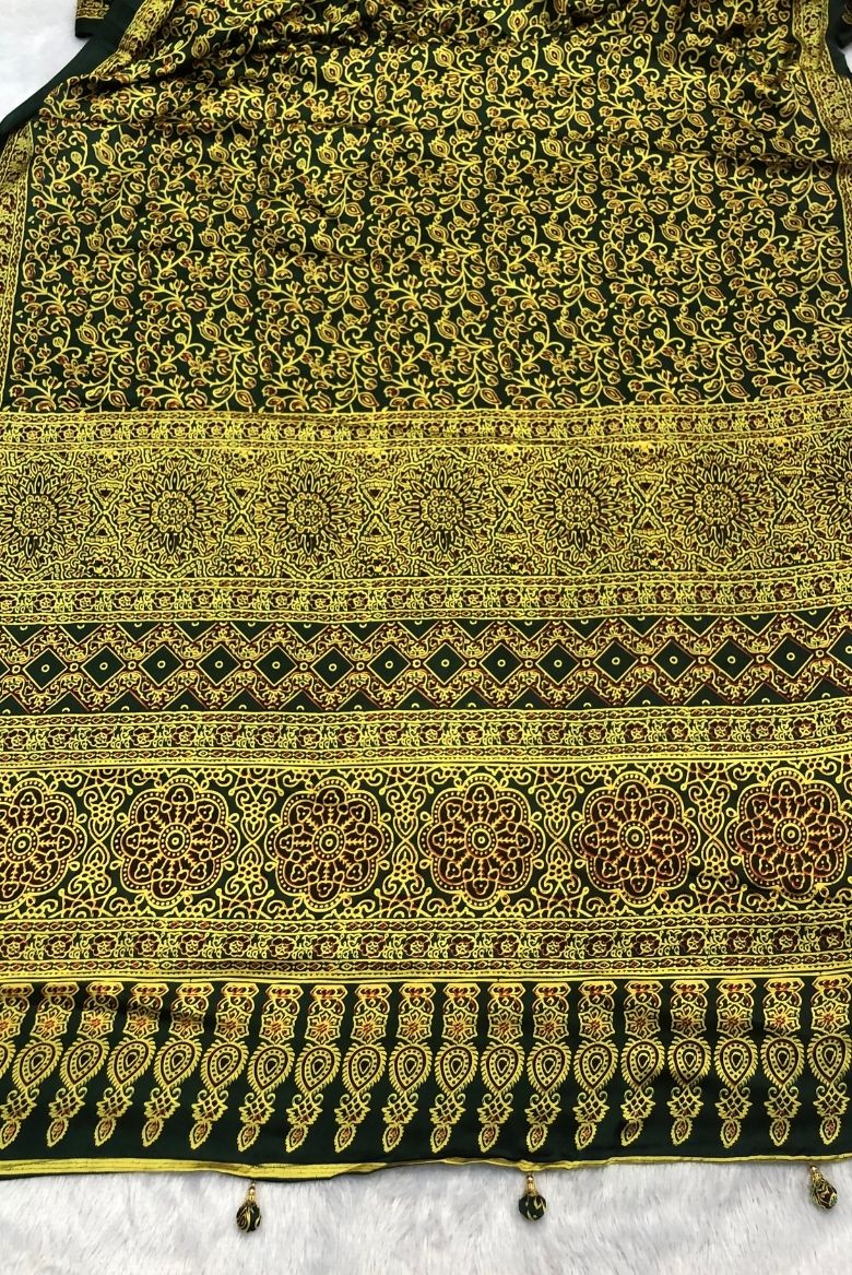 Green Ajrakh Print Satin Modal Silk Saree - Image 2