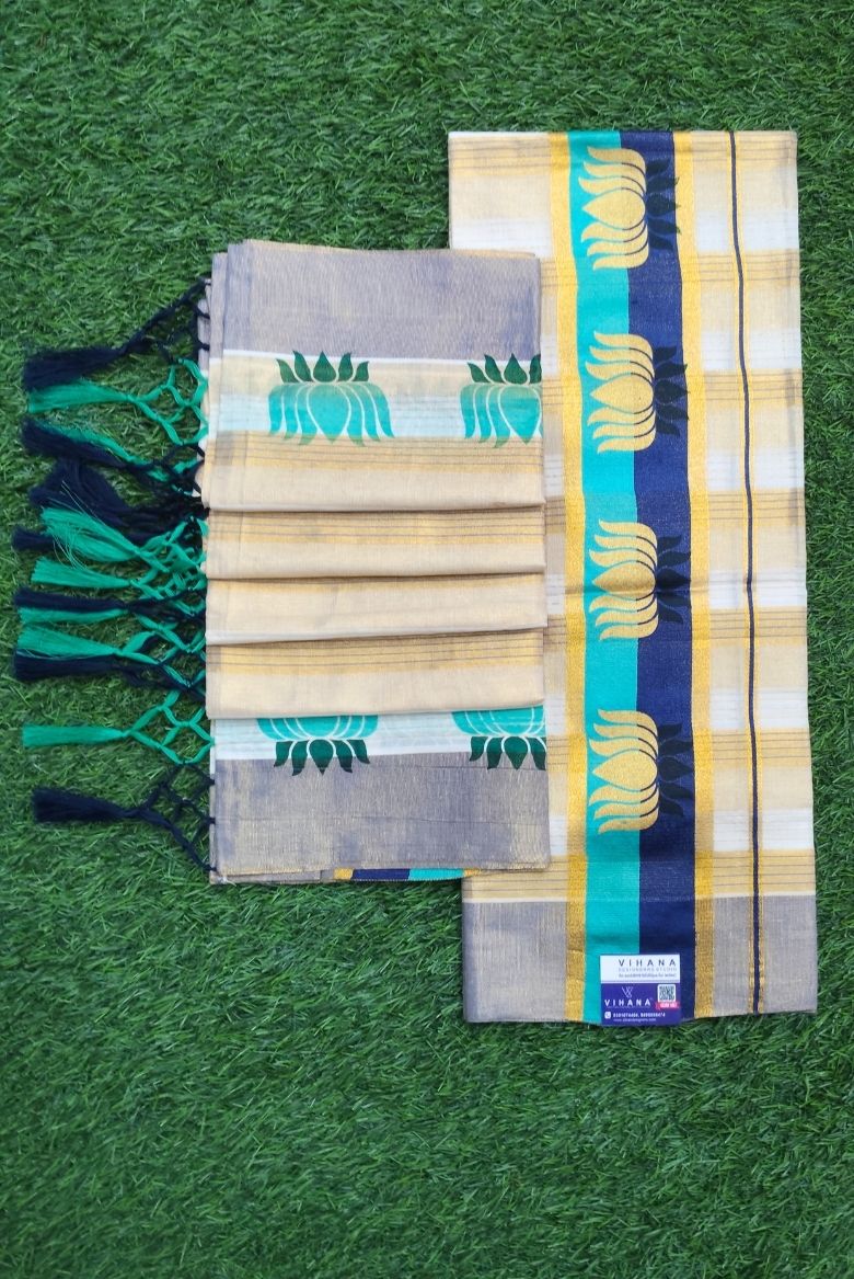 Traditional Tissue Cotton Set Mundu with Stripes and Lotus Design Borders - Image 2