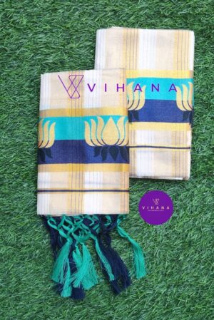 Traditional Tissue Cotton Set Mundu with Stripes and Lotus Design Borders
