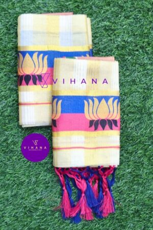 Beautiful Lotus Printed Kerala Tissue Cotton Set Mundu