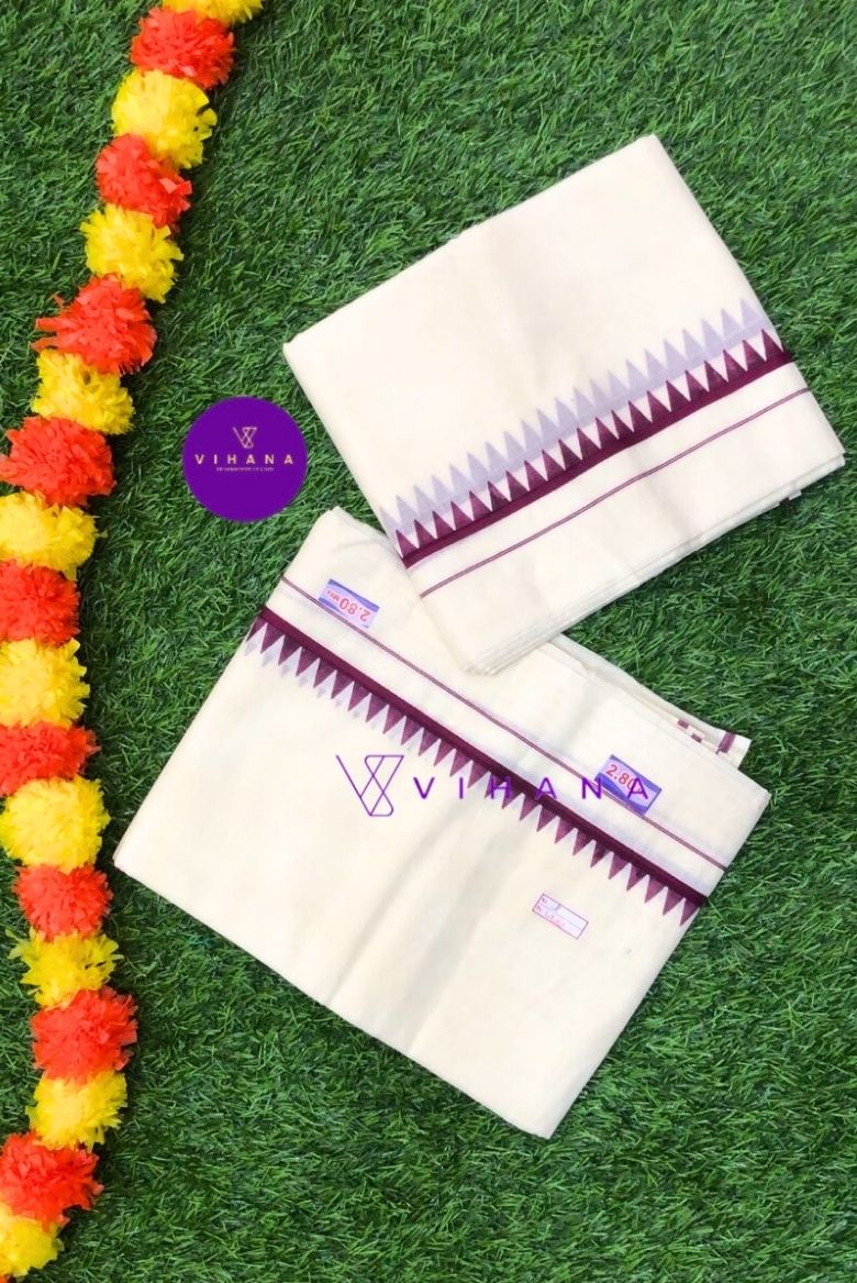 Classic Cotton Set Mundu with Wine Komma Border Designs