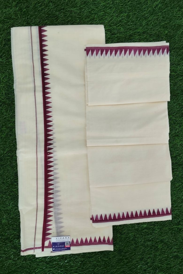 Classic Cotton Set Mundu with Wine Komma Border Designs - Image 2